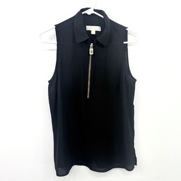 MICHAEL Michael Kors Black Semi Sheer Collared Gold Half Zip Sleeveless Blouse - Picture 1 of 14
